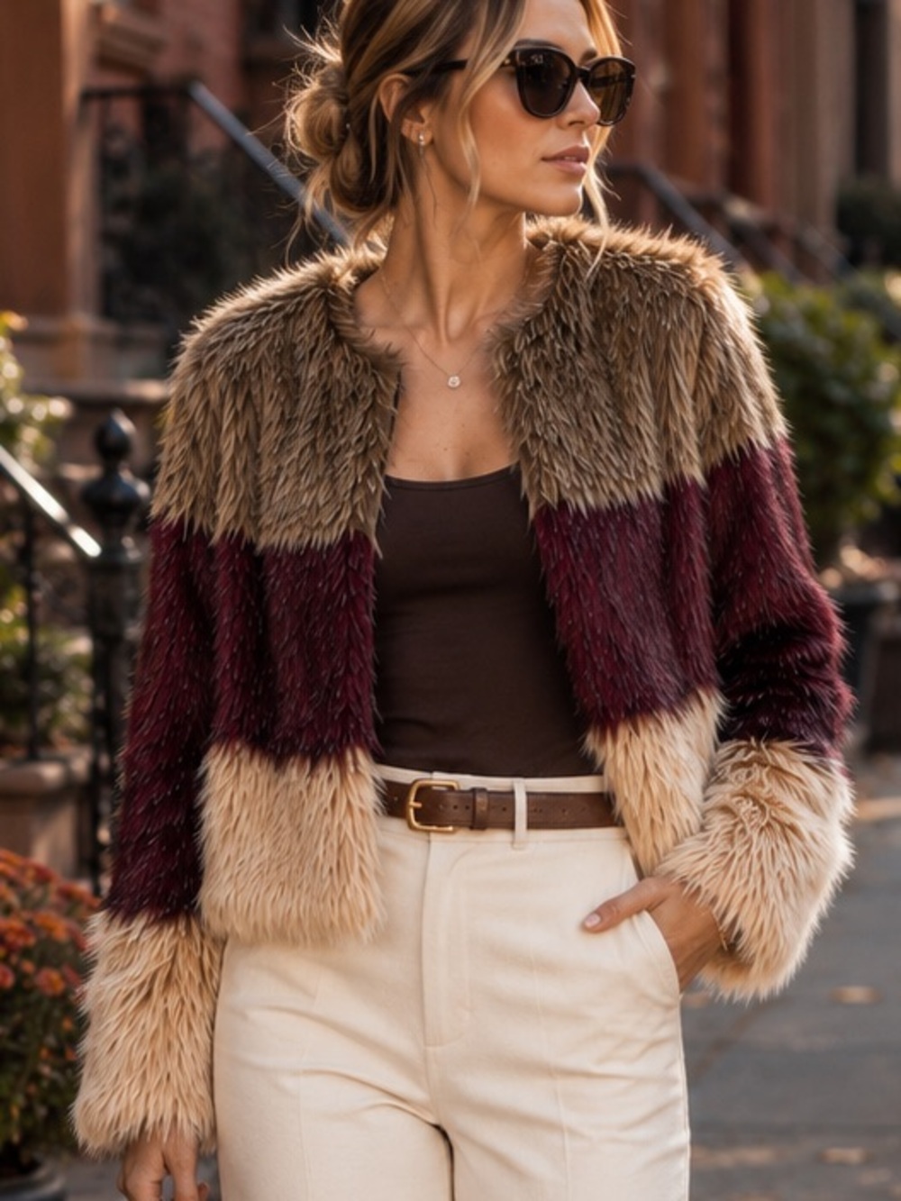 QUESTIONS Tri-Color Faux Fur Cropped Jacket Long Sleeve Colorblock Boho Chic